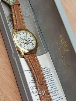 Rare Vintage Alfex Moonphase Mini Dial Day/date Swiss Quartz Watch & Box, Nos