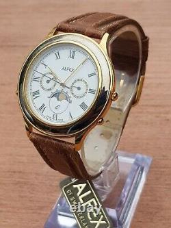 Rare Vintage Alfex Moonphase Mini Dial Day/date Swiss Quartz Watch & Box, Nos