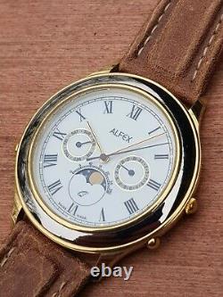 Rare Vintage Alfex Moonphase Mini Dial Day/date Swiss Quartz Watch & Box, Nos